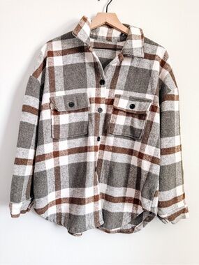 Plaid Sherpa Shacket Jacket Brown Cream Button Front Cozy Overshirt Size XL
